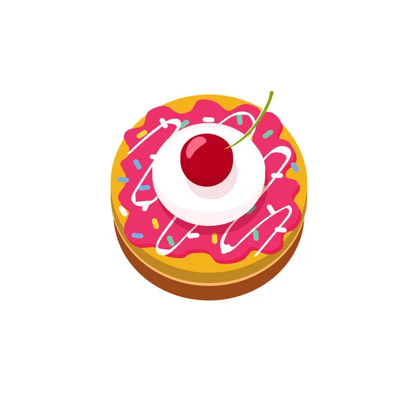 Delicioso pastel pequeño con icono de vector de cereza o concepto de logotipo, dibujo animado plano dulce desierto ilustración aislada, idea de cupcake panadería logotipo — Vector de stock