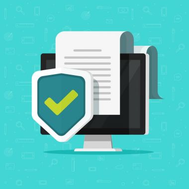 Bilgisayar koruma vektör çizim, düz çizgi film masaüstü pc ve kalkan kutsal kişilerin resmi, gizli bilgi veya gizlilik güvenlik belgelerine erişim fikir, güvenli veri veya bekçi ile korunan belgenin