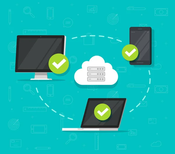 Conexión de red en la nube entre la ilustración de vectores de dispositivos, PC de escritorio plano, computadora portátil y teléfono inteligente o teléfono móvil conectado a la red, punto de acceso inalámbrico, sistema de comunicación — Vector de stock