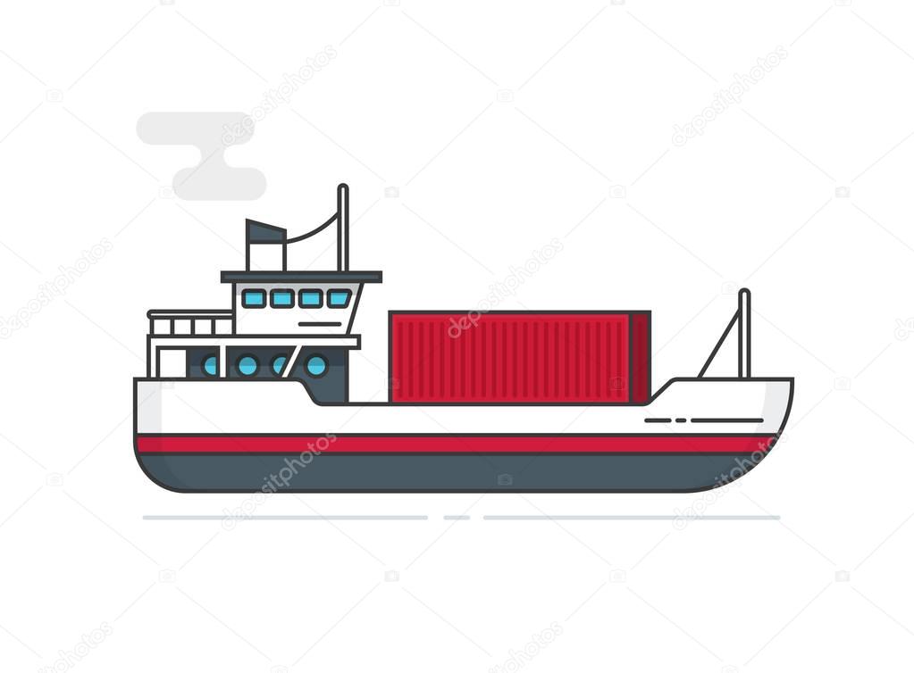 Shipping container via ship vector illustration line outline, flat cartoon vessel or boat transporting cargo container isolated on white, idea of logistics, freight transportation