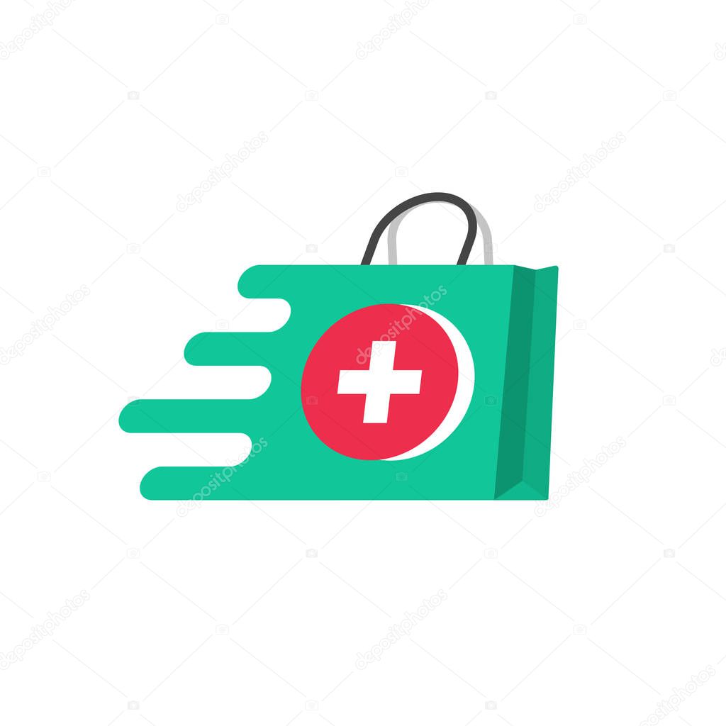 Medicine delivery vector logo concept, idea of fast emergency help service, flat pharmacy or medical bag symbol moving fast, first aid shipping logotype isolated on white background