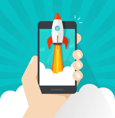 Başlangıç vektör kavramı, düz çizgi film hızlı roket ya da rocketship denize indirmek ve cep telefonu ya da smartphone, başarılı bir iş başlangıç proje, boost cep telefonu teknolojisi, İnovasyon stratejisi