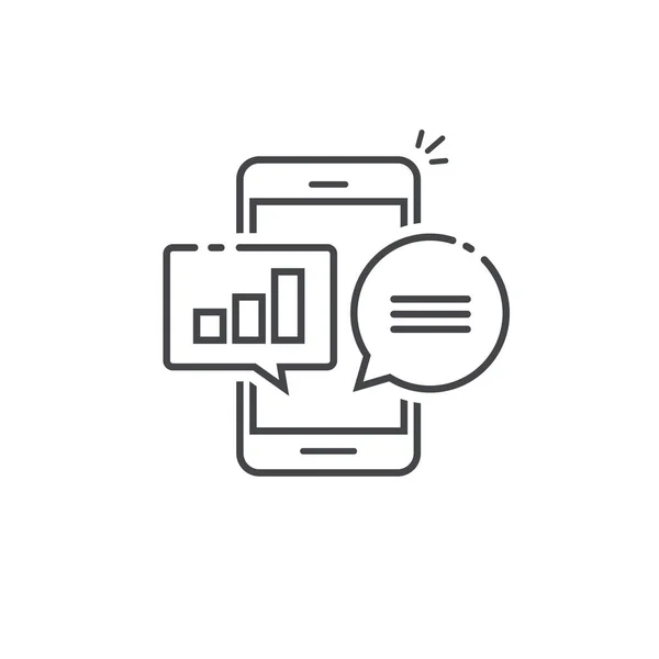 Smartphone com gráfico e gráficos bolhas ícone, análise de mensagens de bate-papo no celular, diagrama de notificações de dados no telefone móvel, estatística ou análise sms falar vetor ilustração linha esboço arte —  Vetores de Stock