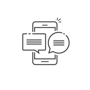 Akıllı telefon sohbet mesaj bildirimleri simge vektör çizim satırı anahat sanat cep telefonu, kabarcık konuşmalar, konsept cep telefonu online konuşma, sohbet izole, konuşma, konuşma, iletişim