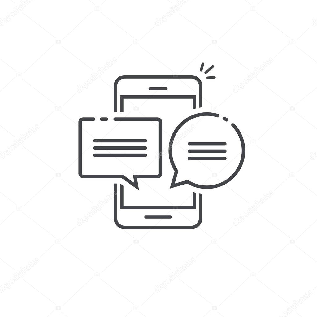 Smartphone chat message notifications icon vector illustration isolated, line outline art mobile phone, chatting bubble speeches, concept of cellphone online talking, speak, conversation, dialog