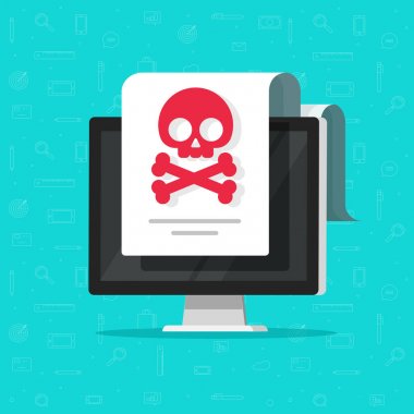Bilgisayar belge vektör düz çizgi film tarzı, kötü amaçlı yazılım kavramı, spam veri Doktor, masaüstü pc, güvenli olmayan bağlantı, çevrimiçi dolandırıcılık, virüs saldırısı dolandırıcılık internet hata uyarı bildirimi
