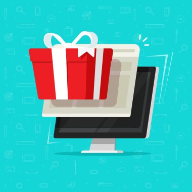 Hediye bilgisayar vektör çizim, düz çizgi film masaüstü pc online dijital hediye kutusu, on-line bonus ödül veya Internet Promosyon ödül, alınan sürpriz, elektronik kazanmak veya Ödülü kavramı