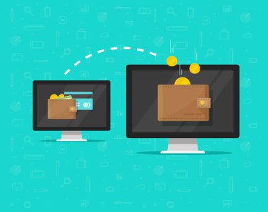 Elektronik para transferi vektör çizim, elektronik para transferi, gönderirken veya alırken nakit online internet bankacılığı üzerinden dijital cüzdan ile iki bilgisayar pc düz çizgi film tarzı