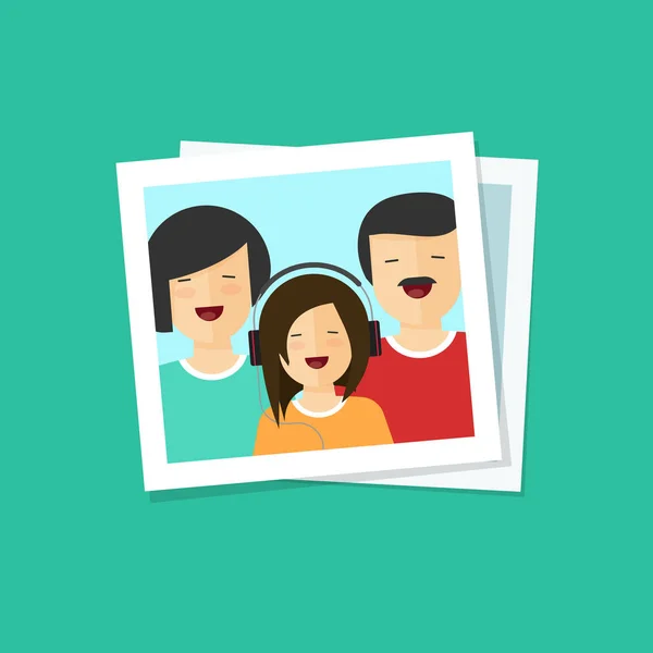 Feliz familia foto vector ilustración plana de dibujos animados, foto de la madre sonriente, padre y niño — Vector de stock