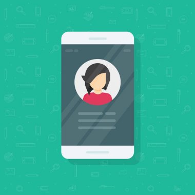 Kişisel bilgi veri üstünde hareket eden telefon vektör çizim, düz çizgi film kullanıcı kişiler veya profil kartı ayrıntıları smartphone, cep telefonu benim hesap piktogram fikir, kimlik kişi fotoğraf ve metin