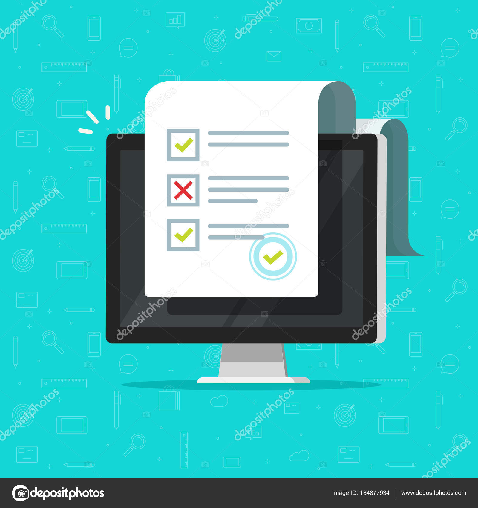 Online form survey on computer vector illustration, flat cartoon desktop pc  showing long quiz exam paper sheet document icon, on-line questionnaire  results, check list or internet test clipart Stock Vector Image by ©
