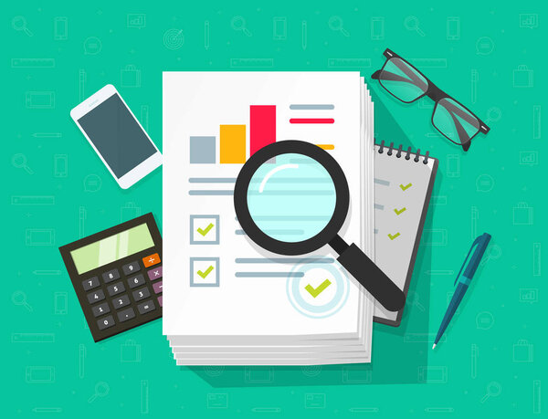 Analytics data research vector, analysis on big pile of paper sheet documents via magnifier, statistics result, growth graph chart analyze, analyzing, audit verification process, report check, desk