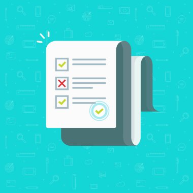 Yanıtlanan sınav kontrol listesi ve başarı sonuç değerlendirme, eğitim test, anket, belge vektör çizim düz çizgi film tasarım clipart fikri ile anket veya sınav formu uzun kağıt levha