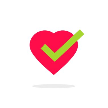 Kalp kene simge vektör illüstrasyon izole, onay işareti simgesi, onaylanan veya onaylanmış sağlık fikri olan çizgi film düz sağlıklı kalp