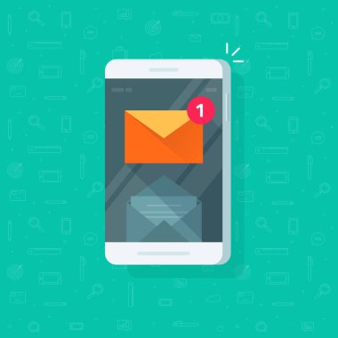 Yeni email tebliğ üstünde hareket eden telefon vektör çizim, düz çizgi film smartphone perde ile yeni okunmamış e-posta iletisi ve okumak posta zarf simgesi, cep telefonu gelen kutusu izole küçük resim küçük resim