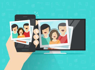 Smartphone TV'ye bağlı fotoğraf vektör çizim, düz çizgi film cep telefonu kablosuz olarak gösterilen led televizyon bağlantısı görüntülemek akarsu fotoğraf kartı, tv media player cep telefonu kavramı
