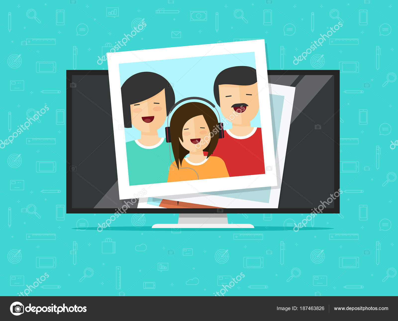 テレビ薄型写真カードとベクトル イラスト、フラット漫画コンピューター
