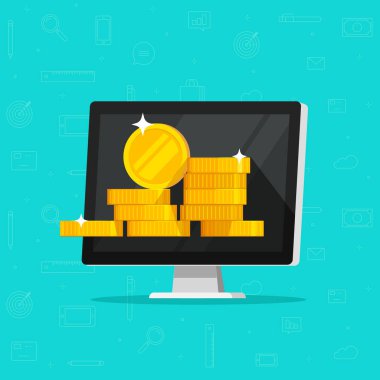 Bilgisayar para vektör çizim, düz çizgi film pc Monitörü, partileri veya sikke para, genel kavram ya da Internet kazanç, online finans, elektronik banka teknik, finansal başarı ile kazanmak ödül veya gelir