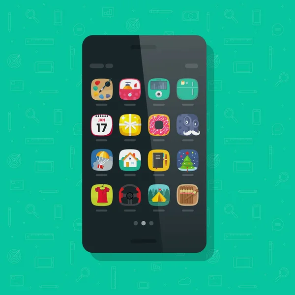 Ilustración del vector del teléfono móvil, diseño plano del teléfono inteligente de dibujos animados con iconos en la pantalla, clipart aislado del teléfono celular — Vector de stock