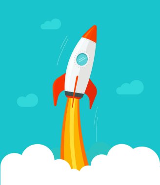 Roket uçan vektör çizim, düz çizgi film komik tasarım veya rocketship başlatmak, gökyüzü clipart uçuşta füze gemisi