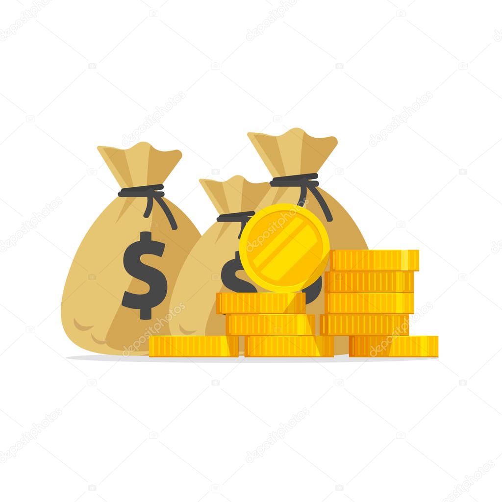 Money vector, big pile or stack of gold coins and cash in bags, lots of money isolated, idea of wealth, richness or success investment, treasure or rich prize, earnings or savings income flat cartoon
