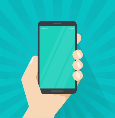 Hareket eden telefon vektör çizim, smartphone cep telefonu ekran gösterilen tutan düz çizgi film kişi el ile el veya küçük resim görüntülemek