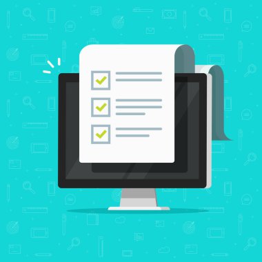 Bilgisayar ve kontrol listesi vektör çizim, düz çizgi film pc Monitörü ile uzun kağıt belge ve onay kutuları ile anket, online bilgi yarışması, kavramı listelemek için işleri, test, geribildirim tamamlandı