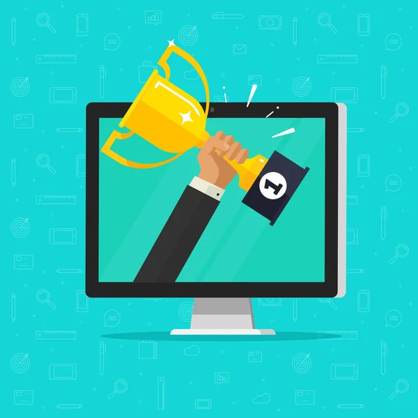 勝利の競争の勝者、デジタル電子報酬、インターネット web チャンピオンがそもそもオンライン賞目標達成ベクトル、フラット漫画コンピューターおよびゴールデン カップ賞を保持成功の勝者 — ストックベクタ