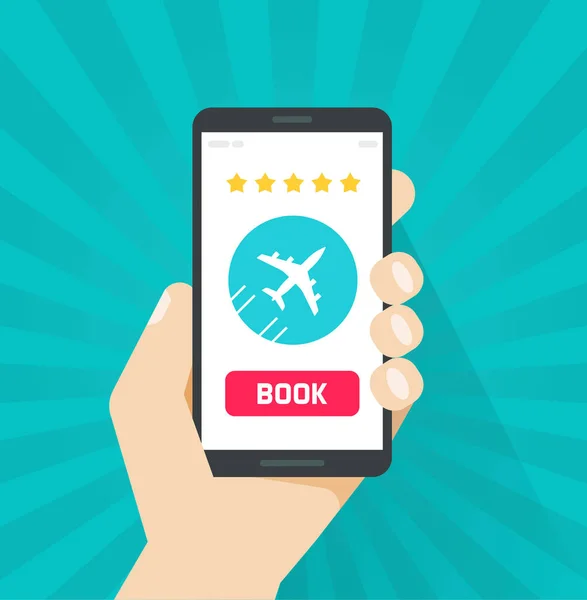 Αεροπορικά εισιτήρια σε απευθείας σύνδεση από smartphone διανυσματικά εικονογράφηση, επίπεδη κινούμενα σχέδια κινητό τηλέφωνο με αεροπλάνο μέσω κουμπί βιβλίο, κινητό Διαδίκτυο αεροπλάνο εισιτήρια παραγγελίας — Διανυσματικό Αρχείο