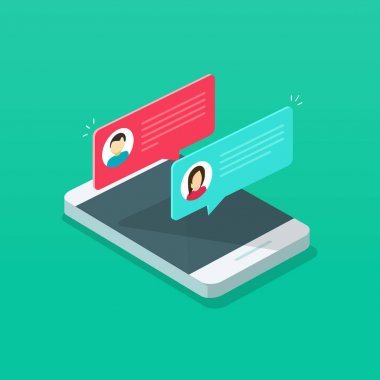 Hareket eden telefon ekranında, kadınla, izole 3d cep telefonu sohbet adam kişi düz çizgi film izometrik sms sohbet haber tebliğ üstünde smartphone vektör çizim bubbles