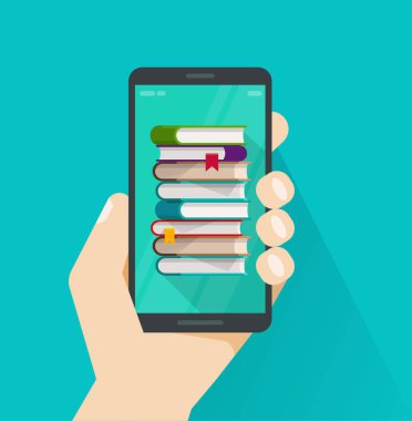 Cep telefonu ekran vektör çizim, düz çizgi film kitap yığın smartphone, cep telefonu, Internet öğrenme, eğitim teknolojisi, online Kütüphane, elektronik ders okuma kavramı üzerinde kitap