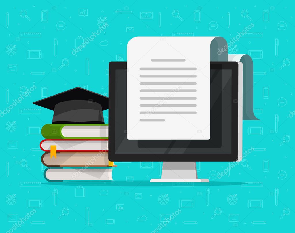Books near computer vector illustration, flat cartoon study concept and text document on pc screen, concept of studying, internet learning or education, online electronic courses