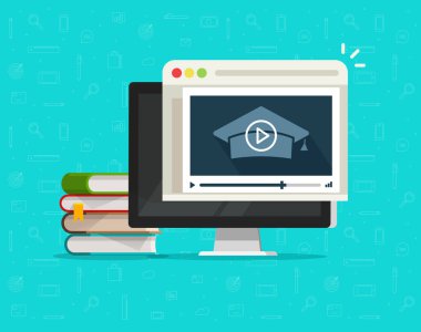 Eğitim yolu ile bilgisayar vektör çizim, düz online video karikatür masaüstü pc ve video webinar kursları, kavramı Internet öğrenme, dijital mesafe çalışma, web öğretici clipart