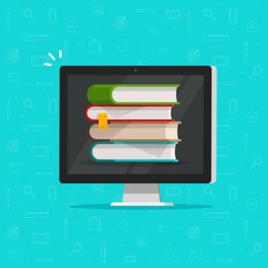 Kitap yığın bilgisayar ekran vektör çizim, kitap, ebook Kütüphane, dijital online çalışma veya Internet elektronik eğitim simgesini izole kavramı ile düz çizgi film pc üzerinde