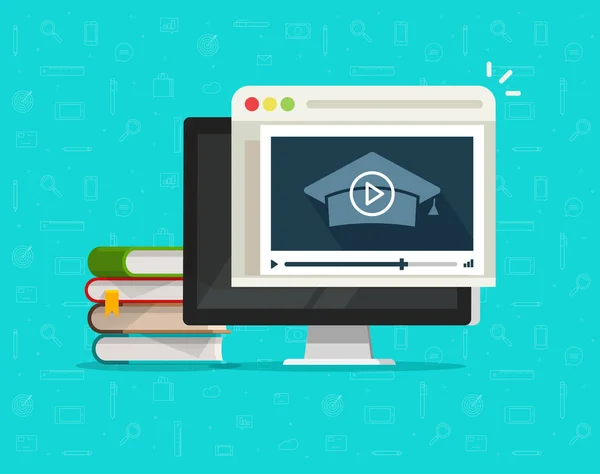 Освіта через онлайн-відео на комп'ютері Векторні ілюстрації, плоский мультиплікаційний настільний комп'ютер і відео-вебінар курси, концепція інтернет-навчання, цифрове дистанційне навчання, веб-кліпарт підручника — стоковий вектор