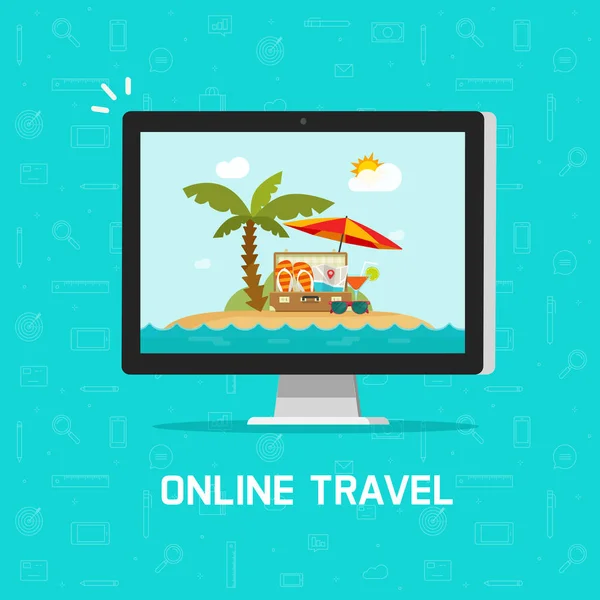 Online-Reise über Computervektorillustration, Konzept der Planung von Online-Reise oder Reisebuchung über PC, flacher Cartoon-Computerbildschirm mit Strandresort oder Strand-Natur-Clip — Stockvektor