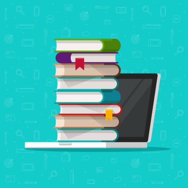 Kitap yığın dizüstü bilgisayar vektör çizim, kitap, ebook Kütüphane, dijital online çalışma, Internet elektronik eğitim izole simgesi clipart kavramı ile düz çizgi film pc üzerinde