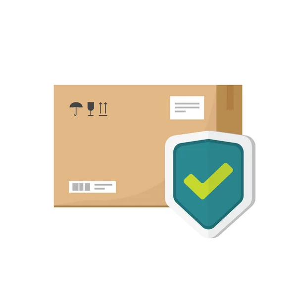 Parcel box protected with shield vector symbol, flat cartoon package icon with insurance or guarantee check isolated clipart image — Stock Vector