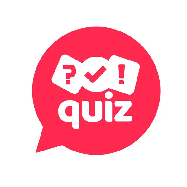 Quiz logotyp ikon vektor symbol, platt tecknad röd bubbla tal med fråga och markera tecken som tävling spel eller intervju logotyp, undersökning eller frågeformulär modern kreativ horisontell bild — Stock vektor
