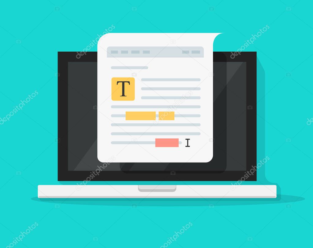 Text file or document content editing on computer laptop vector icon, flat cartoon creating online notes or writing electronic documents on pc, author and copywriting concept symbol isolated