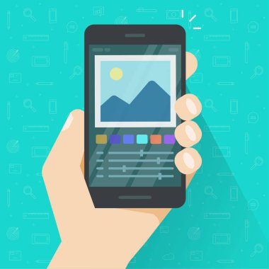 Cep telefonu veya cep telefonu vektör çizimi, düz çizgi film akıllı telefon ekranı ve tasarım veya resim düzenleme yazılımı veya programı üzerindeki fotoğraf veya grafik editörü