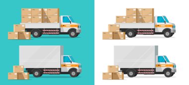 Kargo kamyonu paket kutuları ya da teslimat minibüsü taşıyıcı illüstrasyon, düz çizgi film endüstriyel otomobil ya da yük, posta lojistik veya depo kuryesi izole Clipart ile araba yükleme