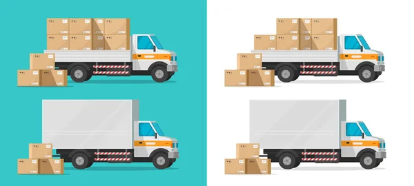 Vrachtwagen laden pakket dozen of bestelwagen voertuig vector illustratie, platte cartoon industriële auto of auto met vracht, postlogistiek of magazijn koerier geïsoleerde clipart — Stockvector