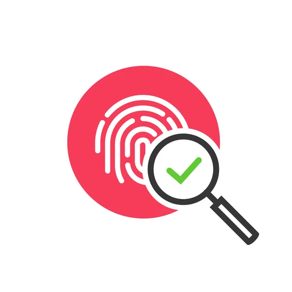 Fingerprint identification check or access approved vector icon, line outline art design of thumb print and magnifying glass with checkmark symbol, accepted identity scan circle red pictogram — Stock Vector