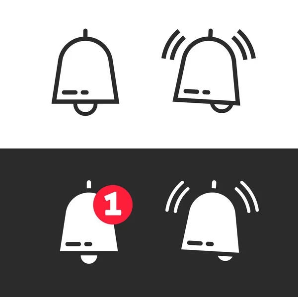 Bell line outline art icoon of deurbel platte cartoon alarm symbool met waarschuwing als inkomende bericht vector illustratie, moderne jingle ui element ontwerp geïsoleerd — Stockvector
