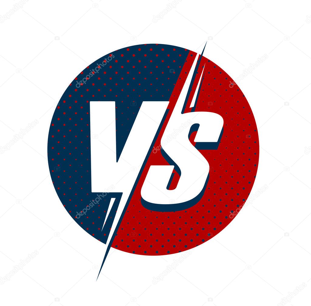 Vs or versus text logo for battle or fight game vector flat cartoon symbol design with red and dark blue halftone rounded emblem logotype isolated image