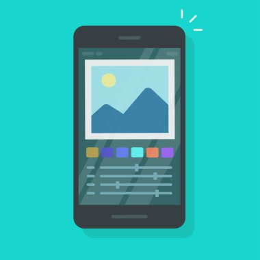 Cep telefonu veya cep telefonu vektör illüstrasyonunda fotoğraf veya grafik düzenleyici tasarım veya resim düzenleme yazılımı veya program clipart içeren düz çizgi film akıllı telefon ekranı izole edildi
