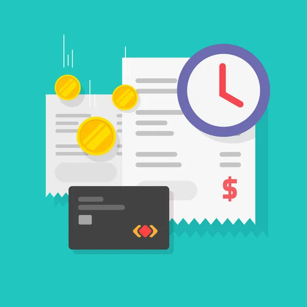 Φορολογική υπενθύμιση χρόνου πληρωμής ή μεταφορά χρημάτων λογαριασμού αναμονή διάνυσμα, κατ 'αποκοπή χρονόμετρο κινουμένων σχεδίων ή ρολόι με μετρητά και αποδείξεις χαρτί, προθεσμία ή διαδικασία πληρωμής — Διανυσματικό Αρχείο