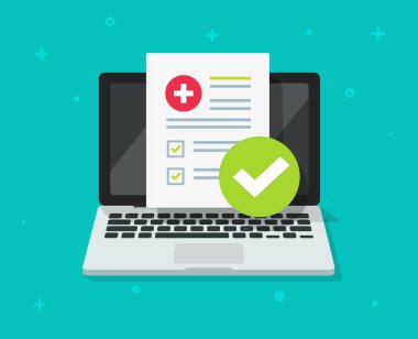 Medikal reçeteli dijital belge ya da dizüstü bilgisayar ekranı vektörü hakkında çevrimiçi test sonuçları, çevrimiçi sağlıklı elektronik kontrol listesi olan pc, çevrimiçi internet tıbbı konsepti