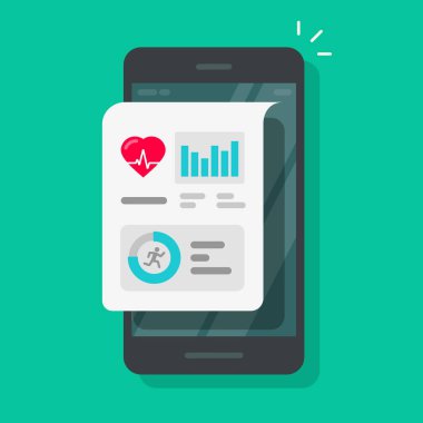 Cep telefonu vektörü üzerinde sağlık veya fitness takip uygulaması, düz çizgi film akıllı telefon adımları veya izleme verileri ve nabız kalp atışı tıbbi bilgileri ekranda, cep telefonu spor faaliyet sayacında çalıştırmak